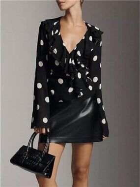 Polka Dot Ruffle V-Neck Blouse
